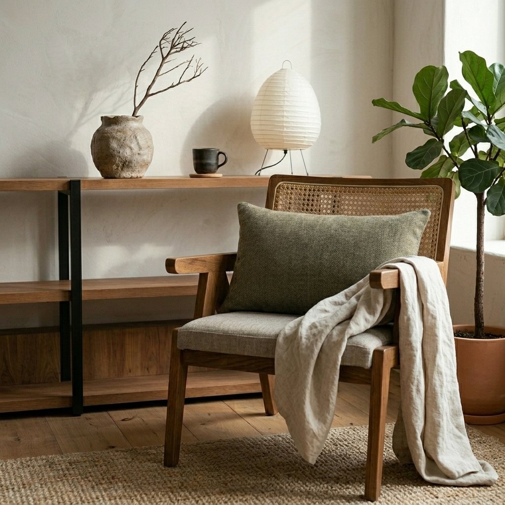 Coussin chevron vert olive sur fauteuil cannage bois clair, lanterne papier blanche et plante en pot, ambiance japandi épurée
