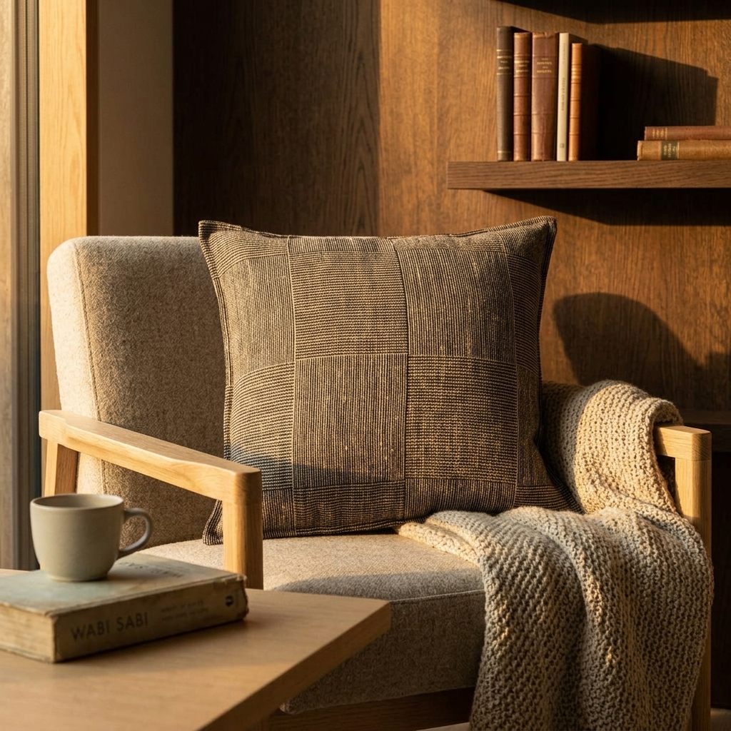 Coussin en lin brut tissé damier noir et écru posé sur un fauteuil bouclé chiné beige, coin lecture aux boiseries chêne sombre, tasse céramique, livre Wabi Sabi ouvert et plaid laine tricot écru drapé sur l'accoudoir