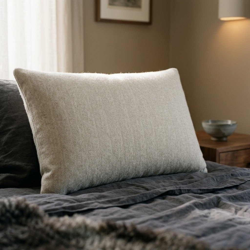 Coussin mérinos cachemire écru sur lit en lin gris bleuté, mur enduit beige chaud, bol céramique sur table chevet.