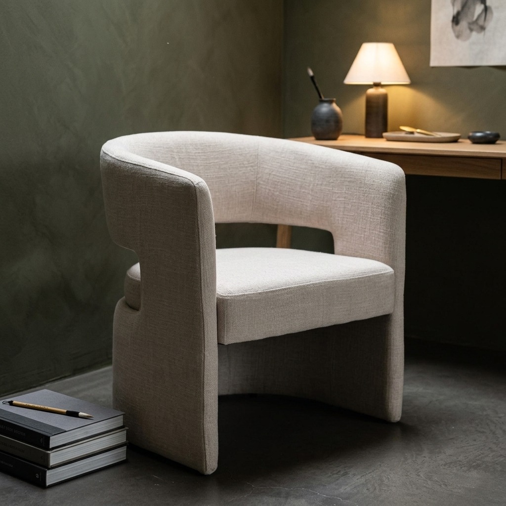 Fauteuil tapissé ivoire pieds métal Tesia dans un bureau japandi olive sombre, lampe céramique chaude, desk chêne, livres et carnets en fond