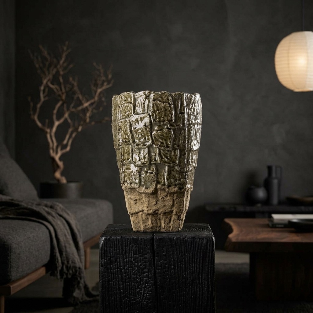 Vase en grès modelé main au relief mur de pierre maçonnée vert olive, dressé sur piédestal noir, salon japandi sombre aux murs béton ciré gris, branche sèche dans pot noir, suspension papier de riz lumineuse et canapé bouclé gris foncé