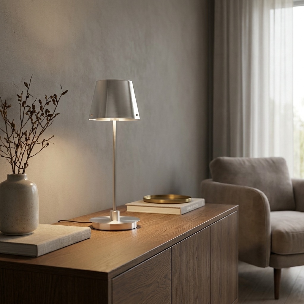 Lampe à poser en métal chromé sur buffet en chêne moyen, vase en grès et branches sèches, fauteuil beige.