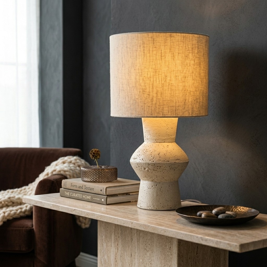 Lampe terre cuite ivoire allumée sur table en pierre claire, mur charcoal et canapé velours brun, plaid grosse maille écru