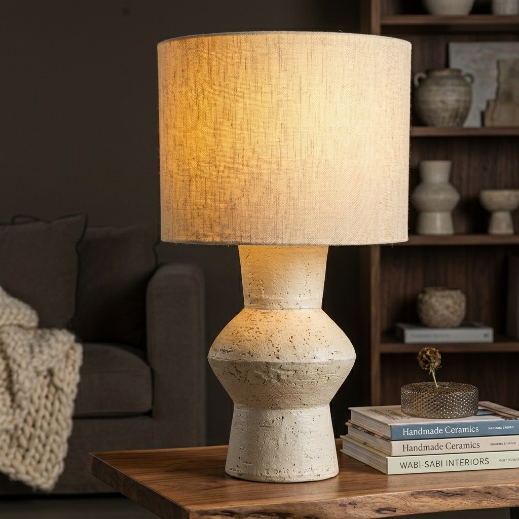 Lampe terre cuite ivoire allumée sur table en bois, étagère de céramiques artisanales, plaid maille écru, canapé brun