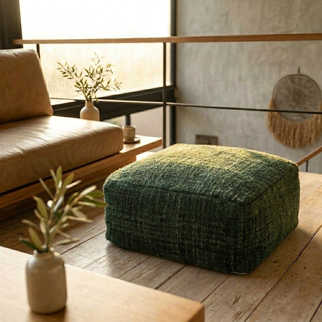 Pouf vert forêt en coton tissé main posé sur une console bois clair, près d'un canapé en cuir caramel, vase à branches.