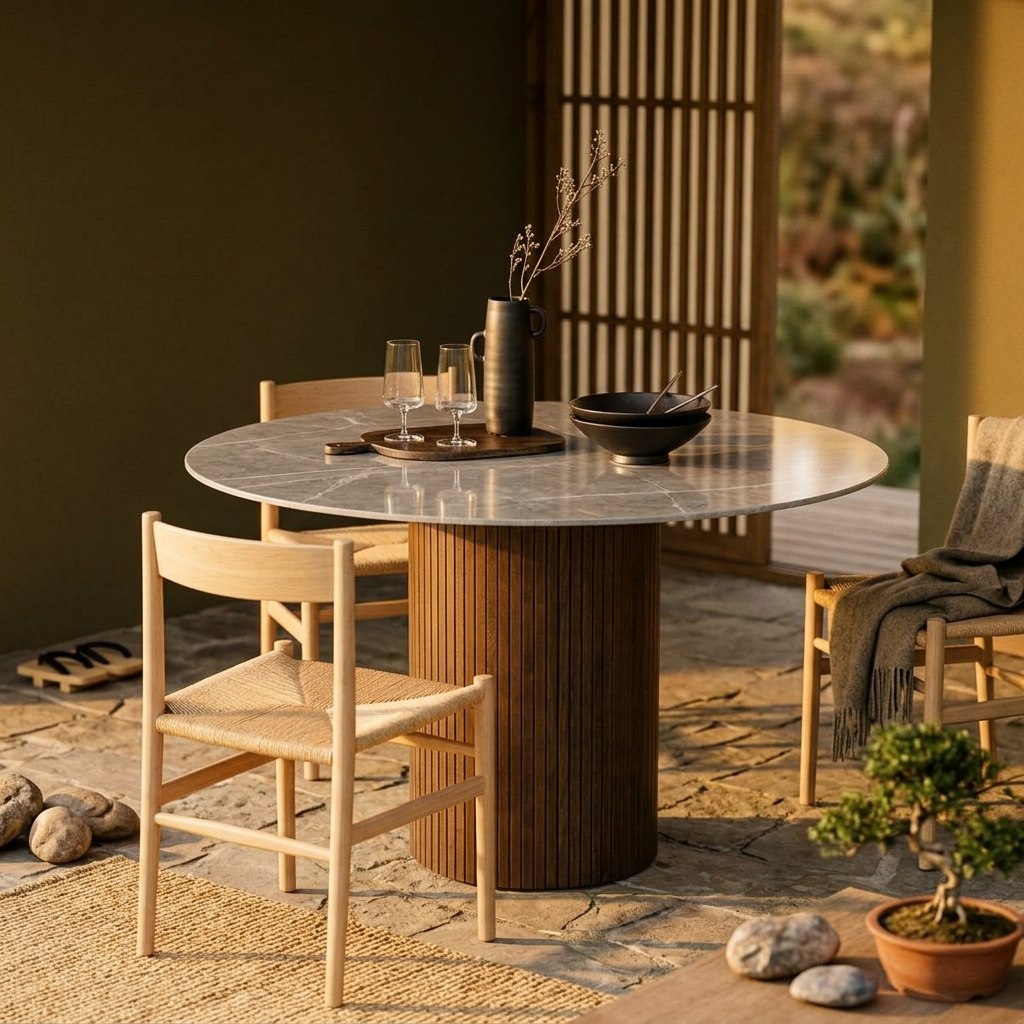 Table à manger ronde en frêne teinté moka et plateau marbré gris, panneaux shoji et chaises bois à assise paille tressée