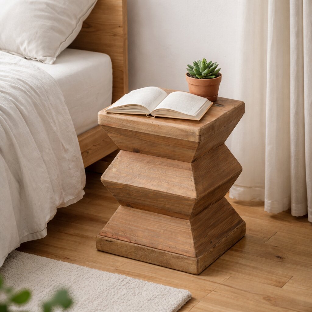 Tabouret en pin recyclé blond à la silhouette en zigzag, en table de chevet près d'un lit en lin blanc, livre posé dessus