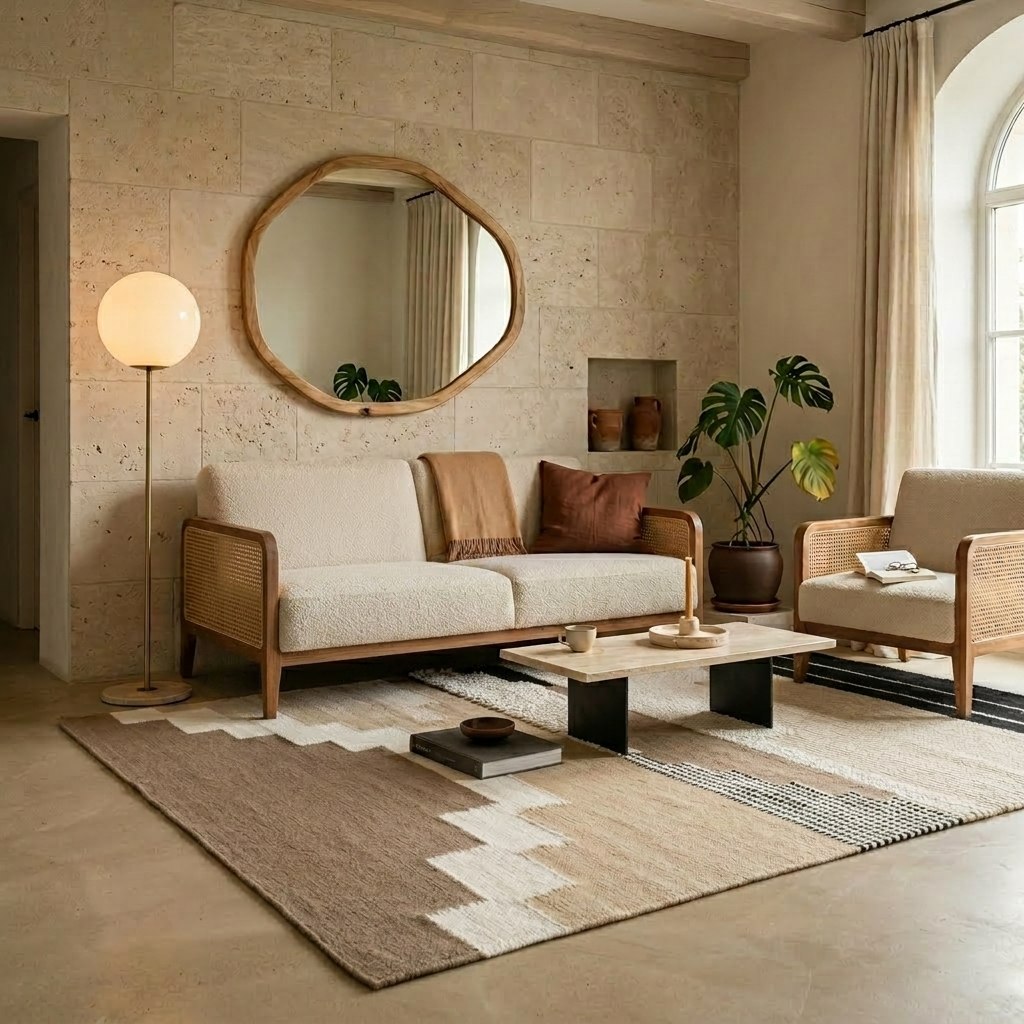 Tapis kilim laine géométrique beige et brun dans un salon travertin clair, canapé boucle blanc, miroir organique bois et monstera