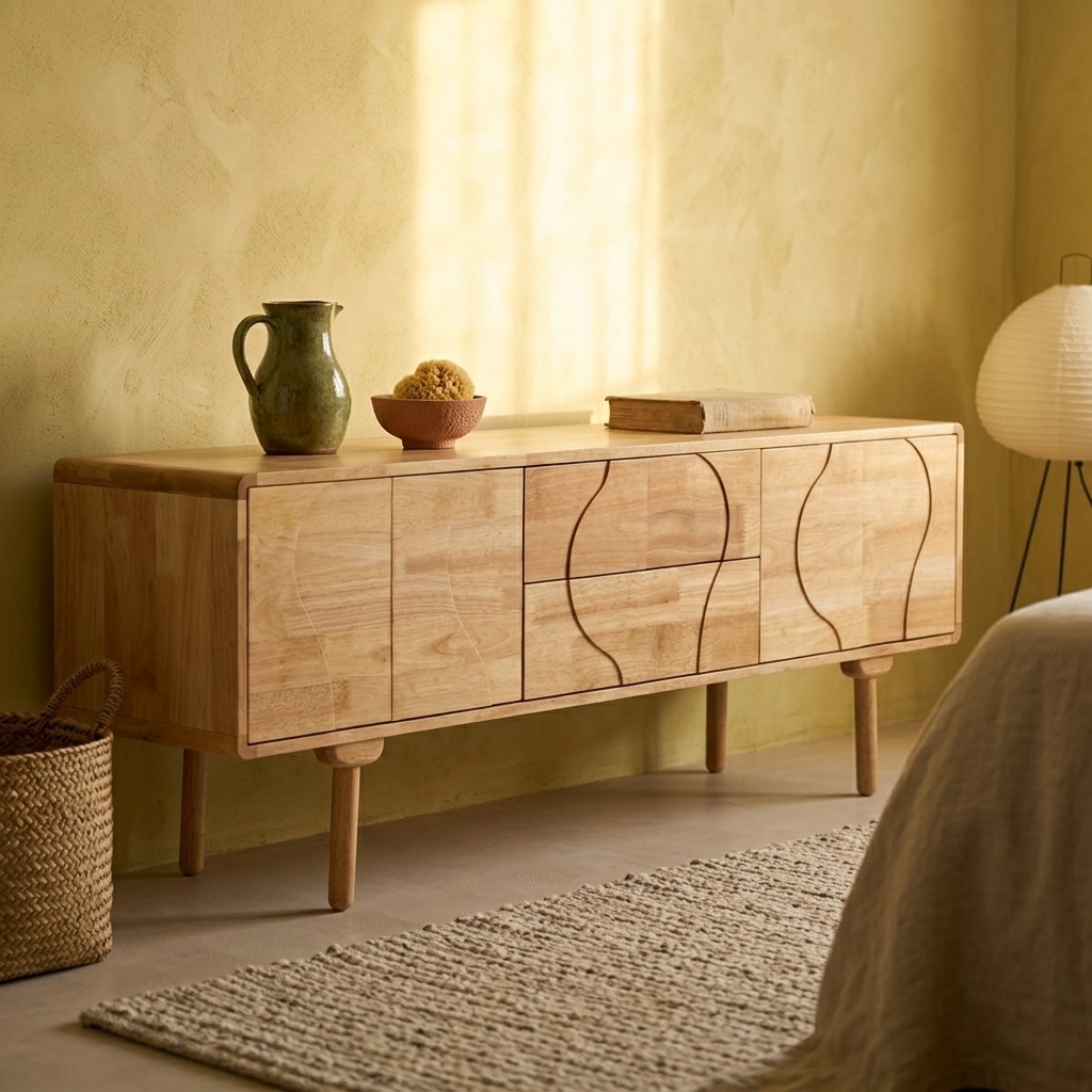 Buffet bas en bois massif blond aux façades sculptées de vagues continues et piétement fuselé incliné, chambre aux murs enduit jaune ocre lumineux, cruche céramique verte, bol bois avec éponge et panier en jonc tressé