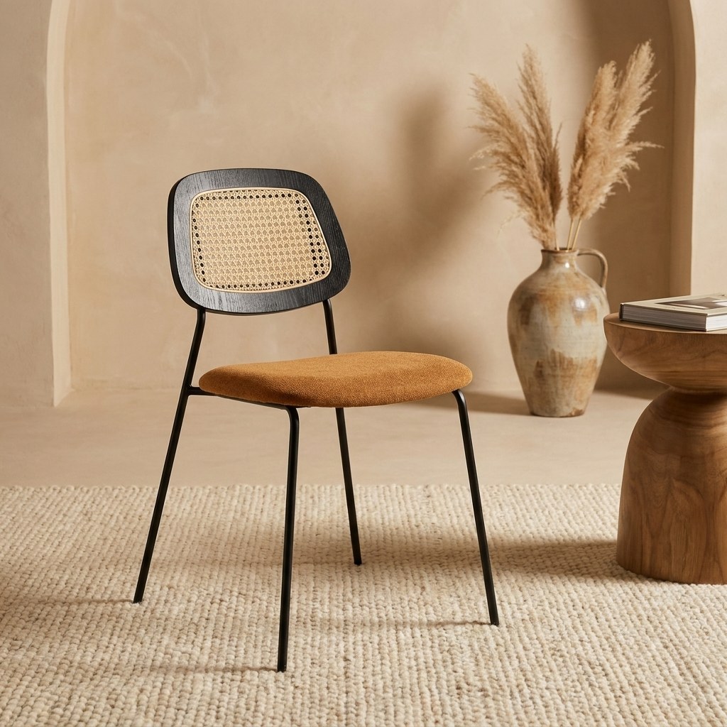 Chaise Melita assise tuile et dossier cannage rotin, posée près d'un vase grès et d'un mur enduit chaux beige.