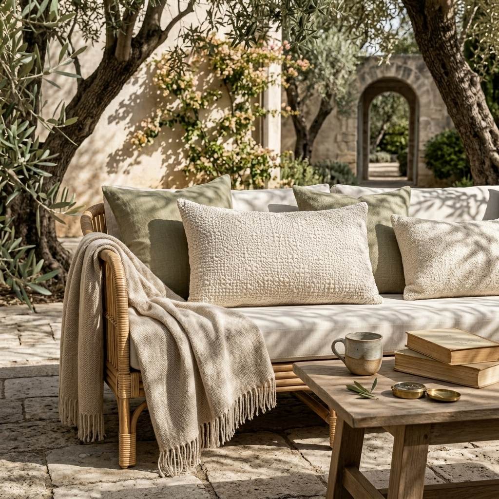 Coussin coton nid d'abeille écru sur banquette rotin et lin, plaid frangé, terrasse pierre claire et arche en arrière-plan.