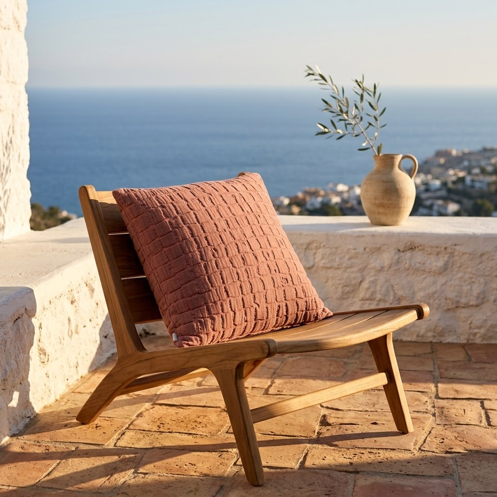 Coussin coton stonewashed terracotta sur fauteuil bois clair, mur chaux blanche, sol tomettes, vue mer en arrière-plan.