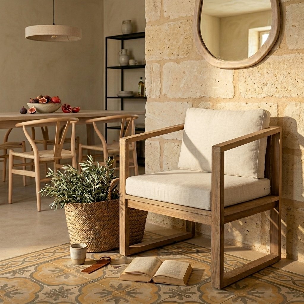 Fauteuil teck blond coussins ivoire, salle à manger méditerranéenne, mur pierre calcaire, carrelage ciment, lumière dorée