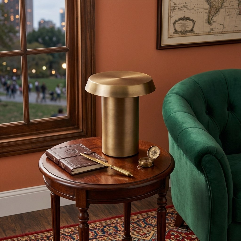 Lampe à poser champignon en laiton bruni sur une table en bois, fauteuil en velours vert et mur enduit terracotta