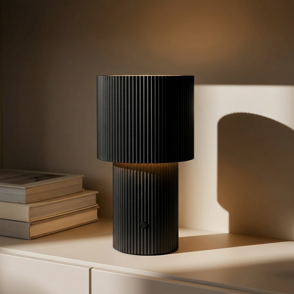 Lampe sans fil noire en aluminium cannelé posée sur un meuble crème près d'une pile de livres, mur en enduit terre chaud.