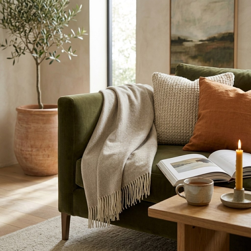 Plaid écru en mérinos et cachemire drapé sur un canapé velours vert olive, coussin terracotta et plante en pot terre cuite.