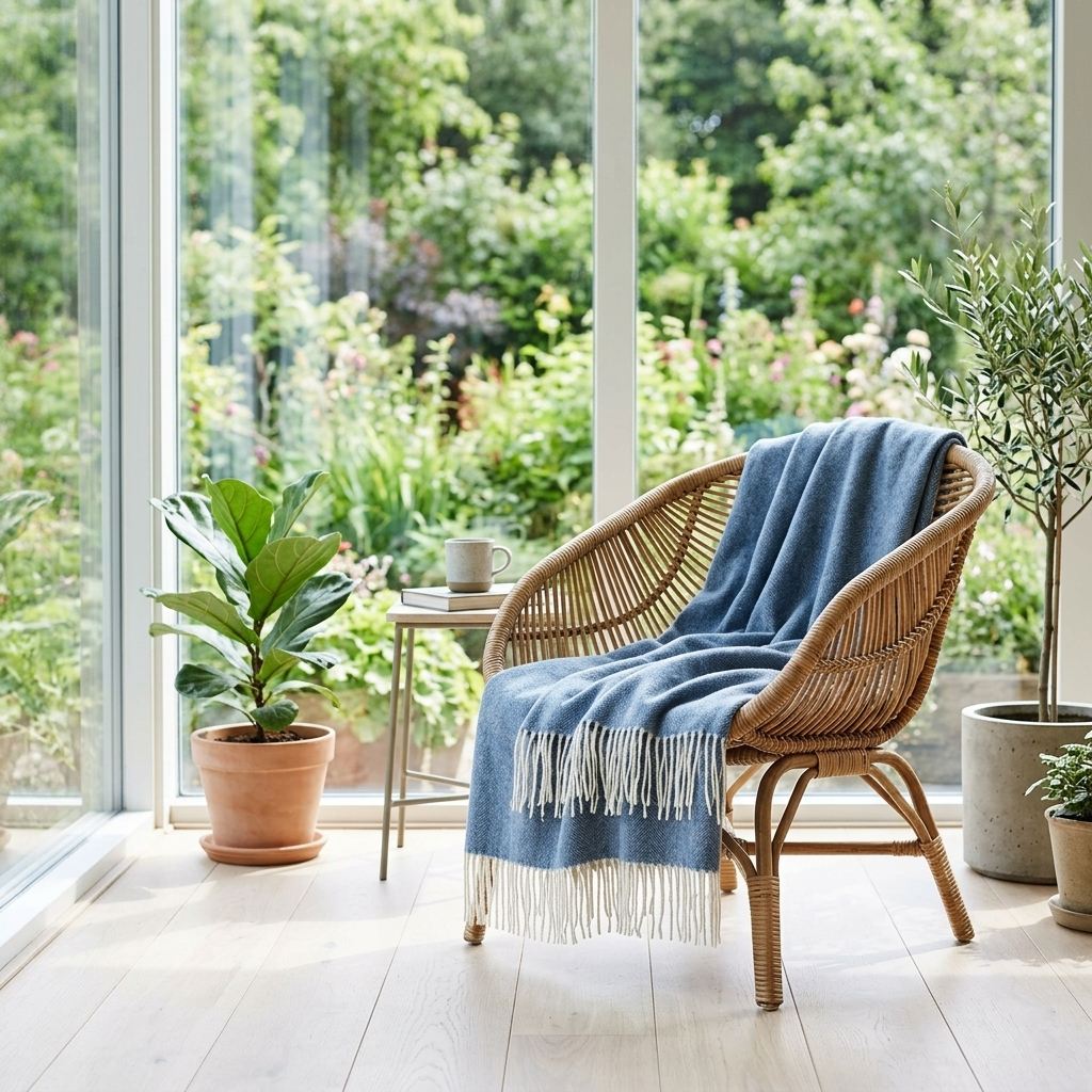 Plaid en laine mérinos additionnée de cachemire bleu ardoise drapé sur un fauteuil en rotin tressé, franges torsadées claires, devant une grande baie vitrée ouverte sur un jardin verdoyant avec olivier en pot terre cuite