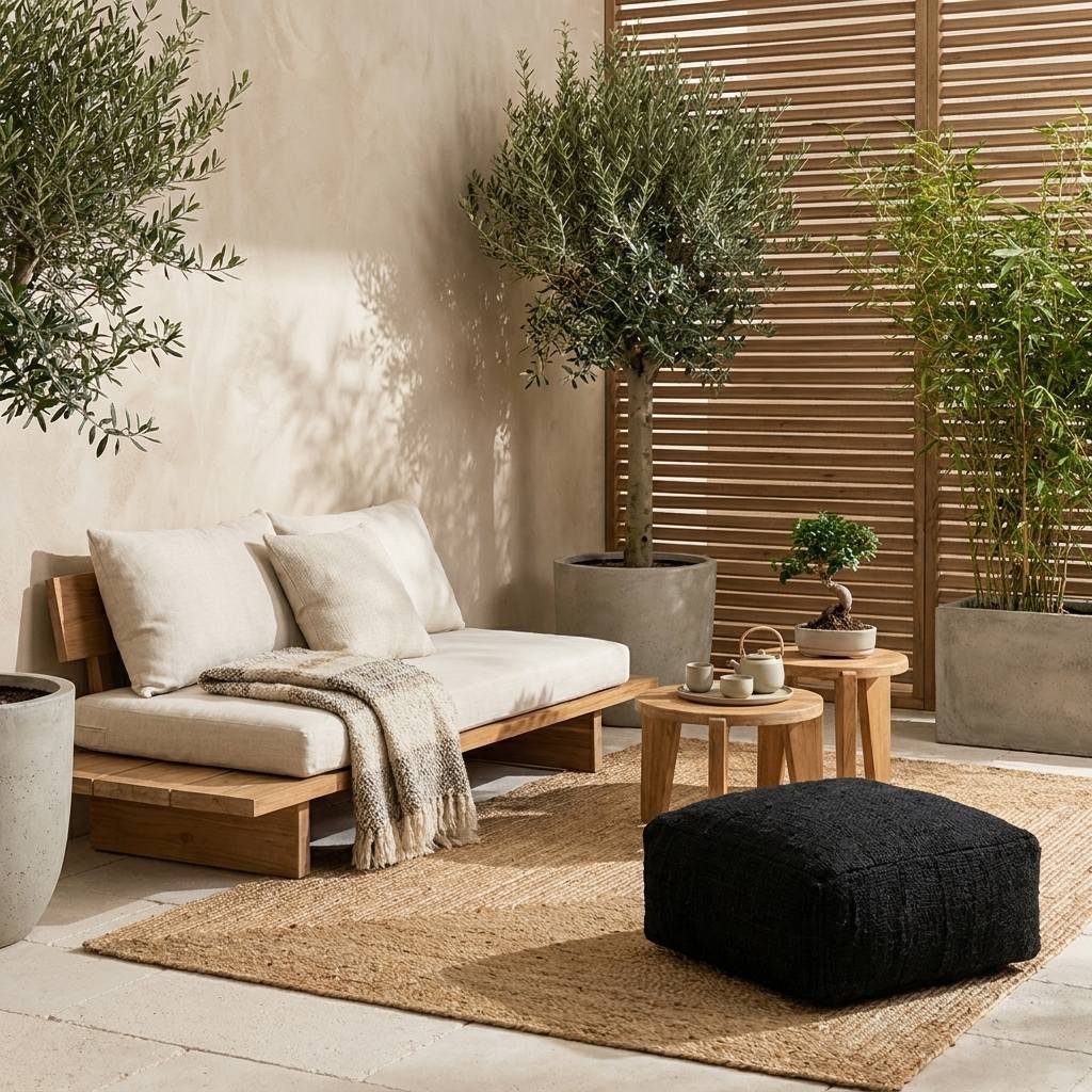 Pouf en coton tissé main noir bleuté posé sur tapis de fibre naturelle, patio aux murs sable et claustra bois clair