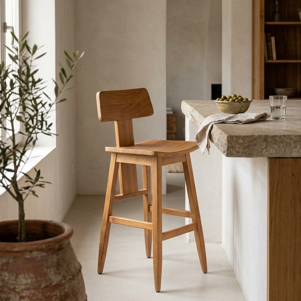 Tabouret de bar en teck massif blond à assise galbée et dossier bas, devant un comptoir cuisine en pierre brute à 90 cm de hauteur, mur enduit sable, olivier en pot terre cuite et bibliothèque bois sombre en arrière-plan