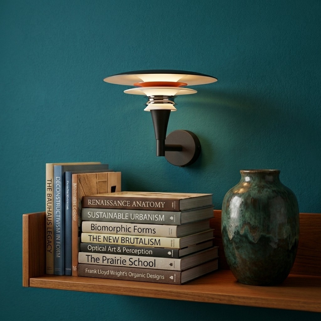 Applique murale à disques de métal laqué noir et rouge sur mur bleu pétrole, étagère en bois clair et vase en céramique