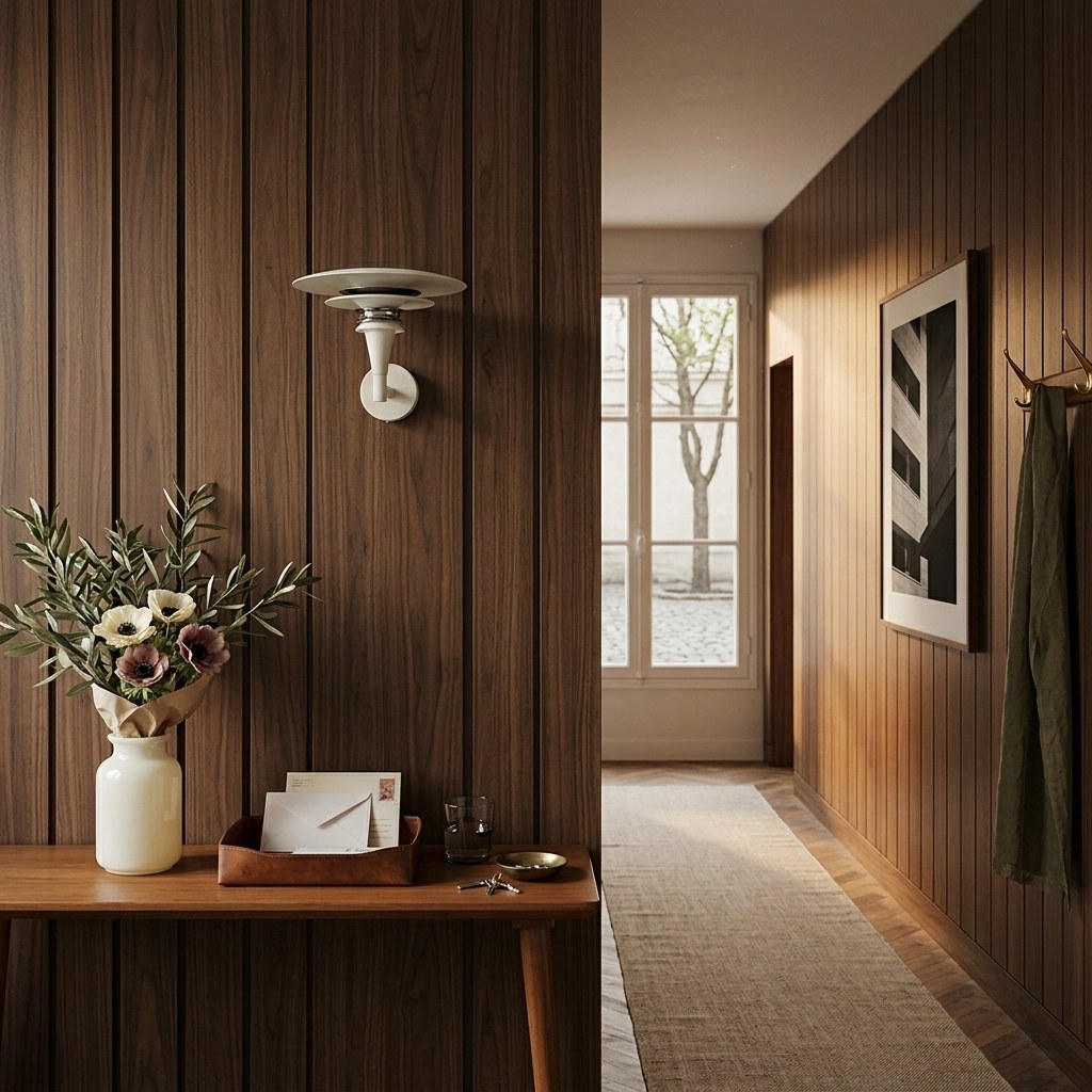 Applique murale sable à disques empilés sur mur en bois de noyer, console en bois clair et vase blanc garni de fleurs