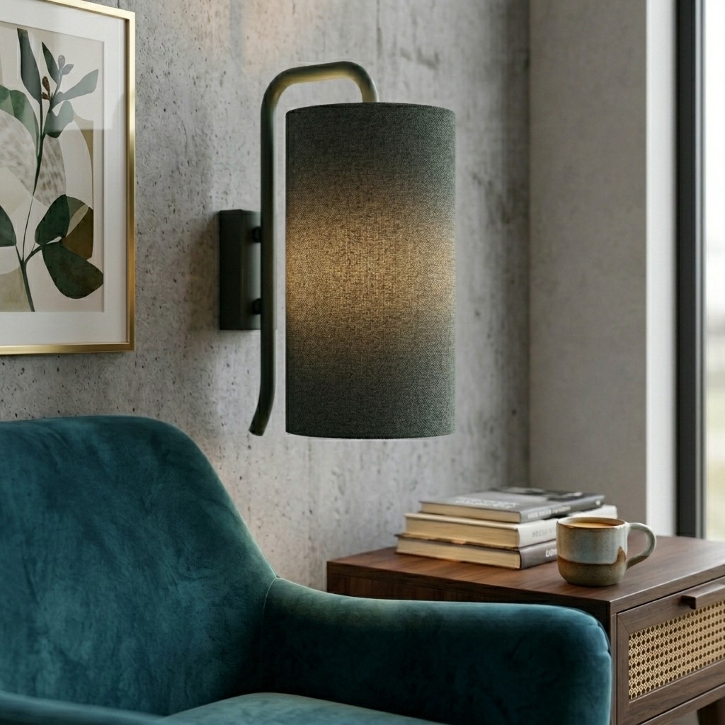 Métal et abat-jour feutre vert bouteille, mur béton brut, fauteuil velours sarcelle, table bois sombre cannage