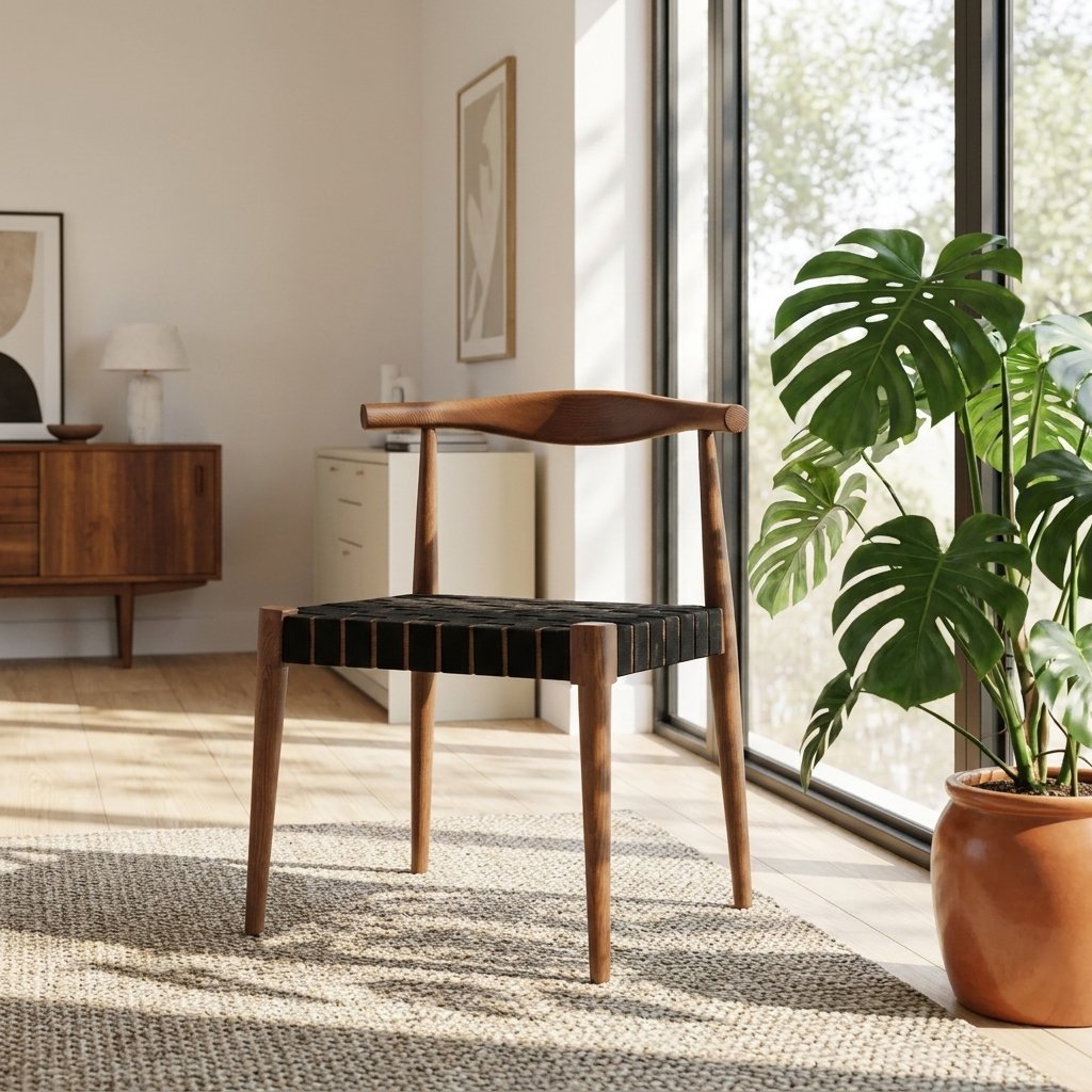 Chaise frêne teinté noyer à dossier Elbow et assise sangle noire, intérieur mid-century, tapis tissé et meuble vinyle vintage