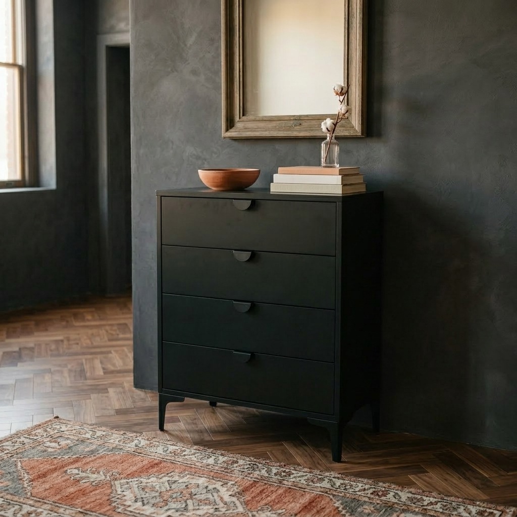 Commode en acier laqué noir à quatre tiroirs et poignées creusées en demi-lune, dans une chambre aux murs en enduit sombre