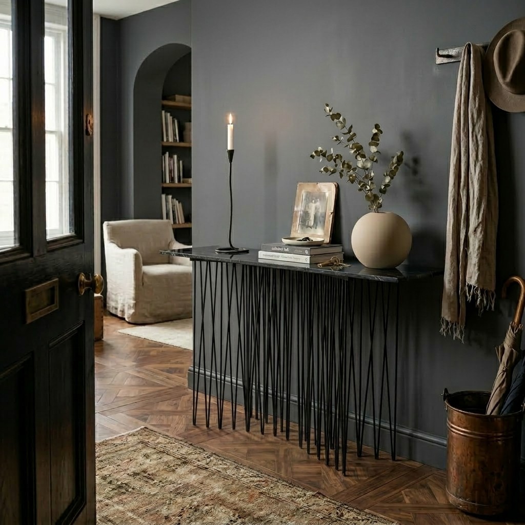 Console en acier noir mat à plateau pierre veinée gris foncé sur buisson de tiges d'acier en zigzag, entrée mur gris perle au parquet chevron, bougeoir laiton, cadre ancien et vase ivoire avec eucalyptus, perspective arche sur salon