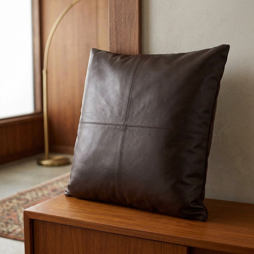 Coussin en cuir chocolat à quatre panneaux sur une enfilade en bois de noyer, lampadaire arqué et tapis tissé au sol