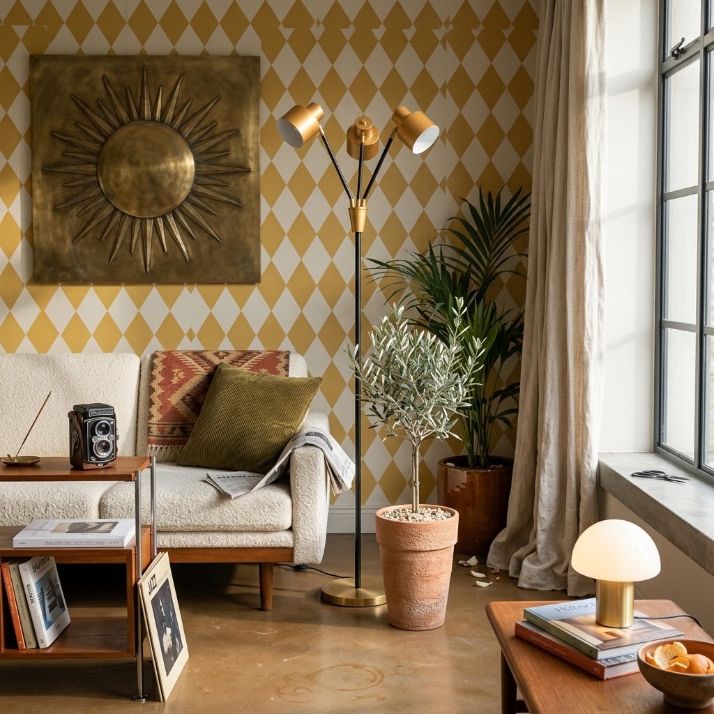 Lampadaire 3 têtes laiton dans un salon MCM aux murs papier peint losanges moutarde, canapé boucle blanc et palmier kentia