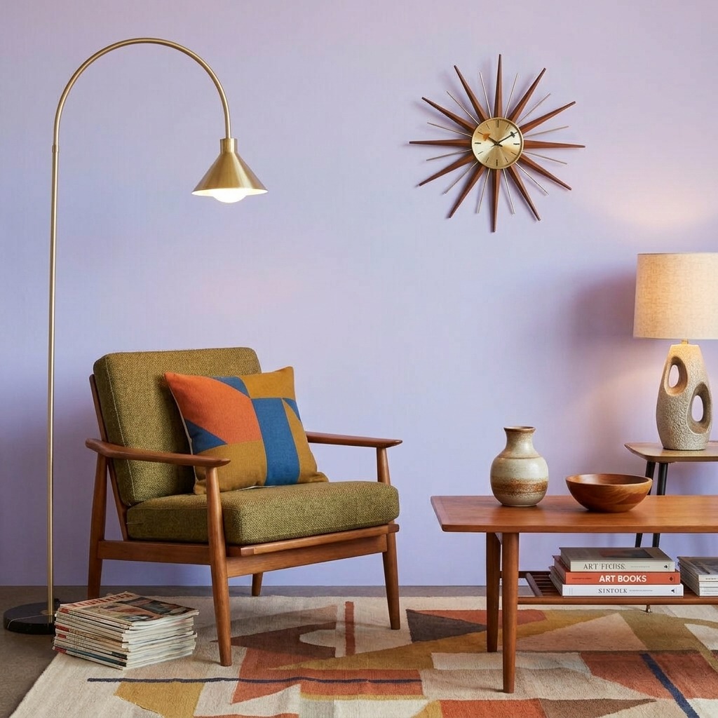 Lampadaire arc en laiton et base en marbre noir dans un salon mid-century, fauteuil en bois et horloge soleil au mur