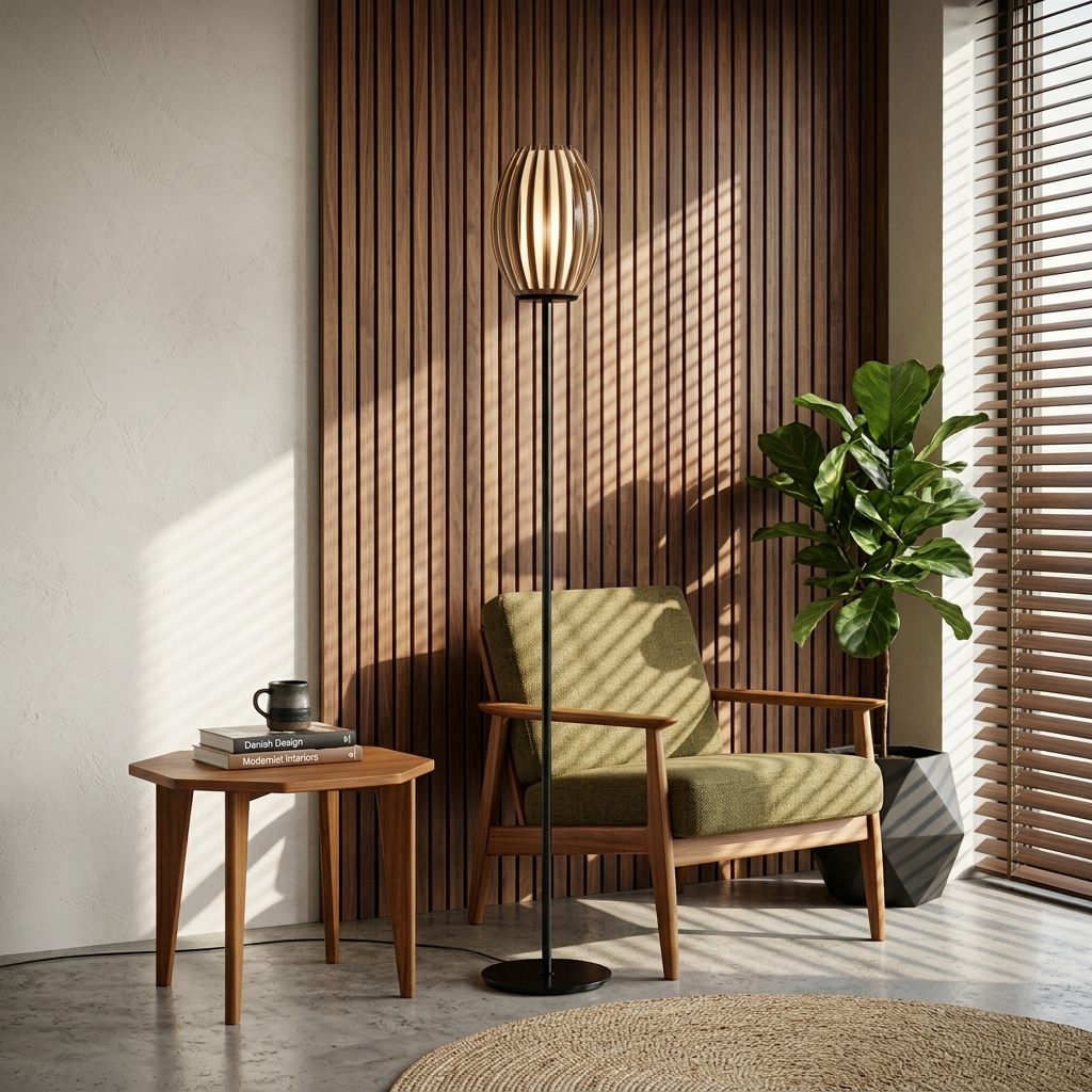 Lampadaire verre fumé noir allumé contre un panneau cannelé noyer, près d'un fauteuil vert olive dans un salon mid-century.