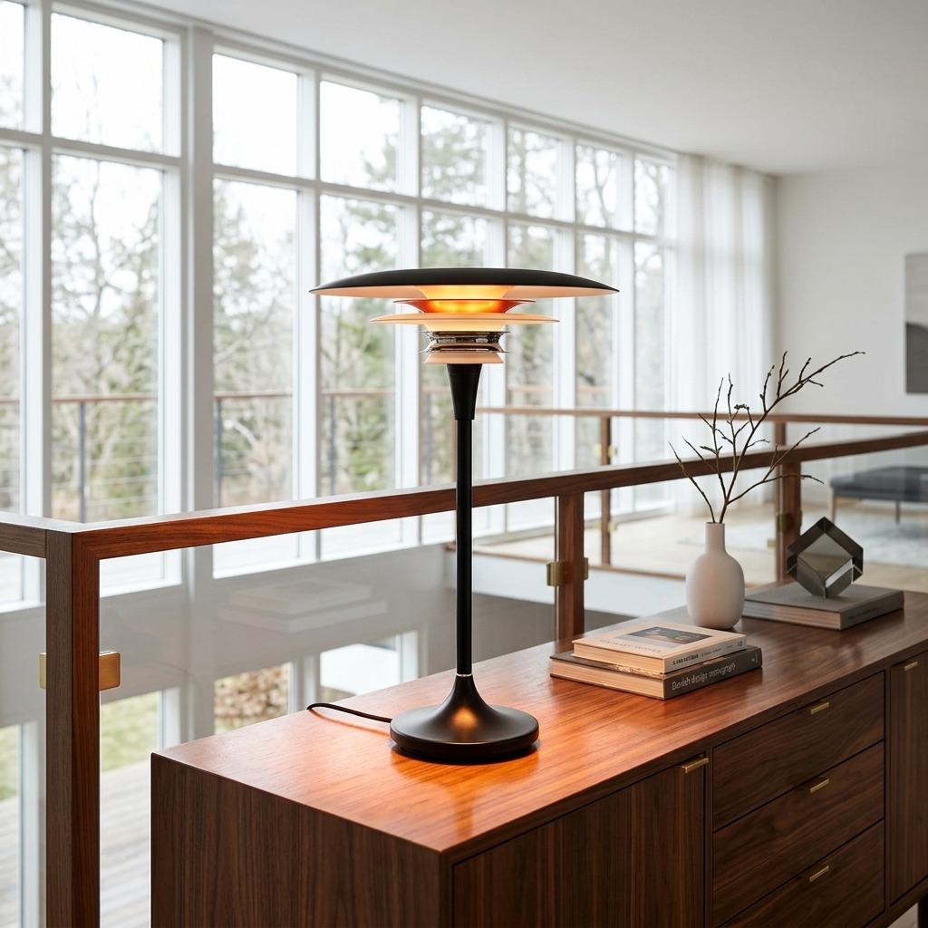 Lampe à poser à disques étagés noir mat et accent rouge sur une enfilade en bois, salon mid-century lumineux