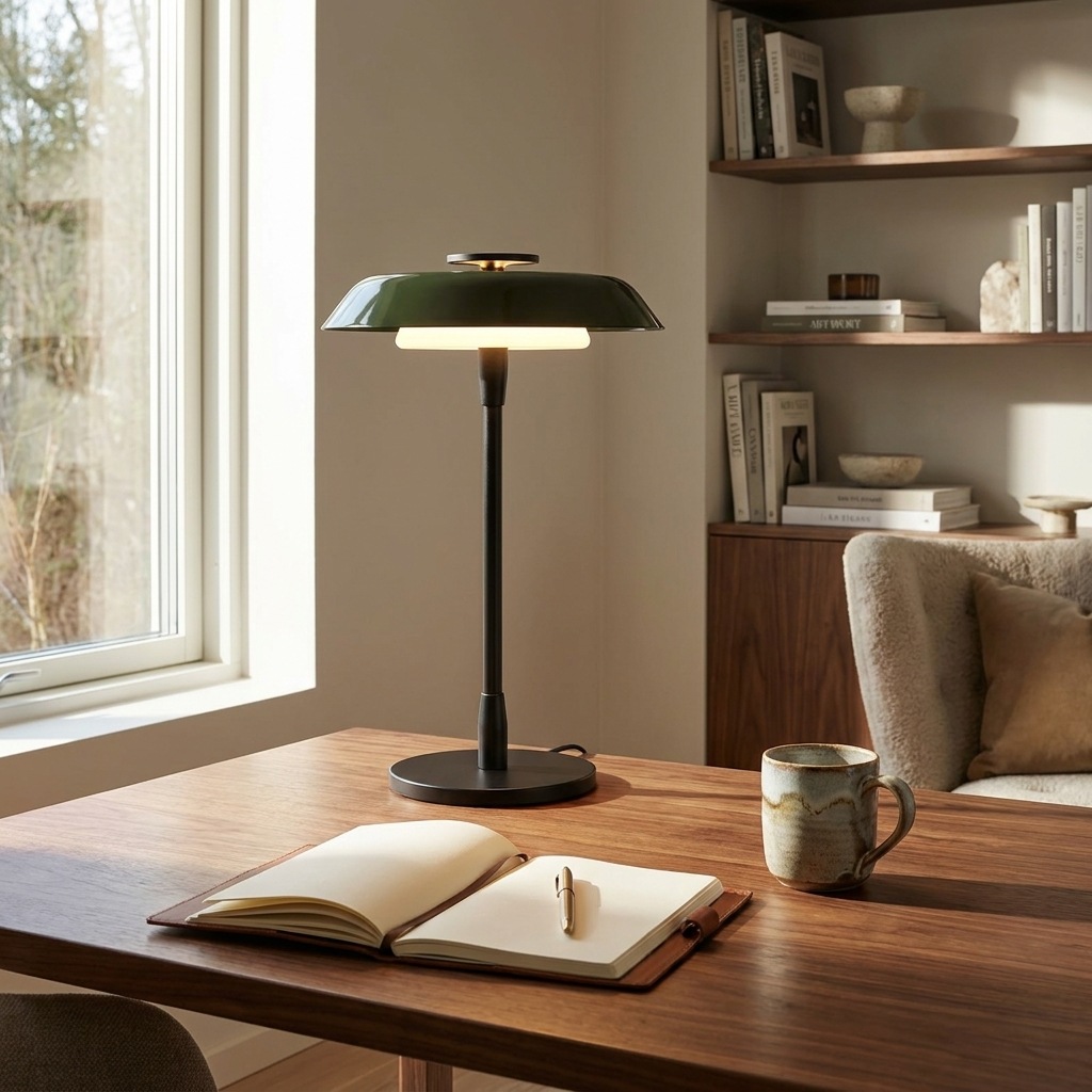 Lampe disque vert forêt et anneau opalin allumée sur bureau en noyer, étagères avec livres et fauteuil bouclette beige