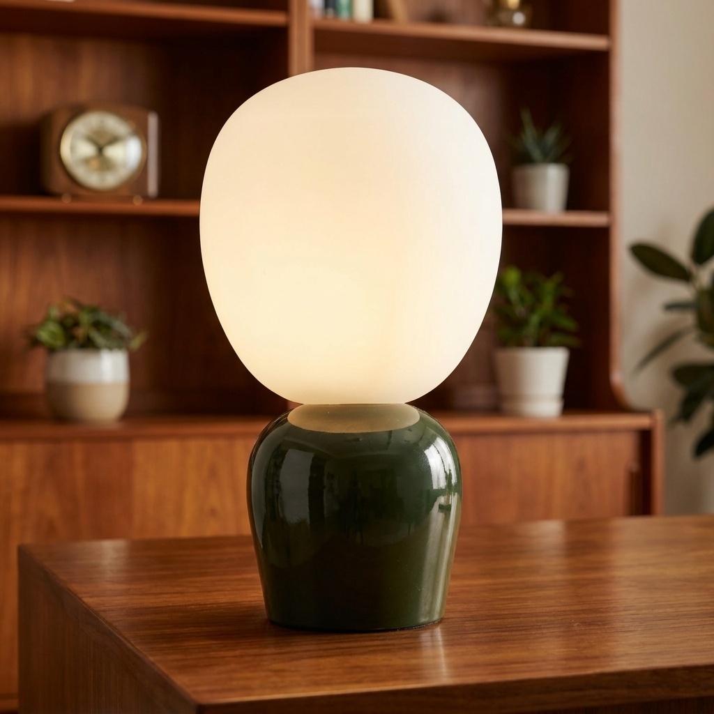 Lampe en verre soufflé vert forêt et opaline blanche allumée sur plan en noyer, bibliothèque avec horloge et plantes