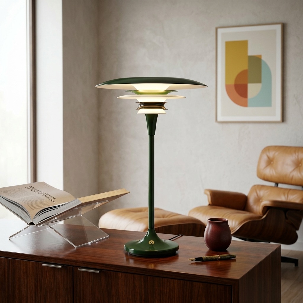 Lampe à poser en acier vert forêt à disques étagés et anneau chromé, allumée sur un buffet en noyer, fauteuil en cuir cognac
