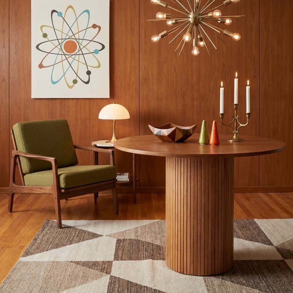 Table ronde placage noyer à base cannelée dans un salon mid-century, chaise lounge bois et suspension laiton.