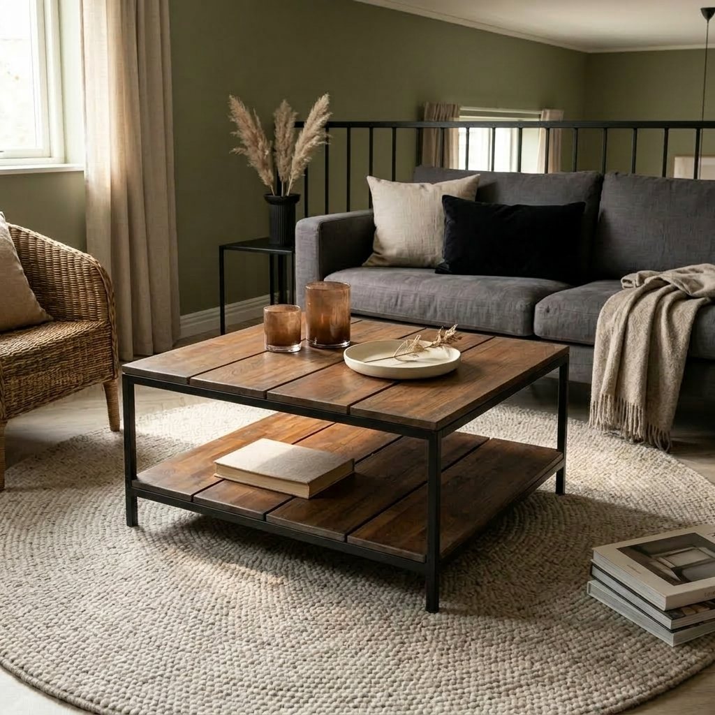 Table basse carrée en teck massif brun à double plateau cerné d'un cadre acier noir, salon japandi aux murs vert olive avec canapé gris, fauteuil rotin et bouquet de pampas séchées