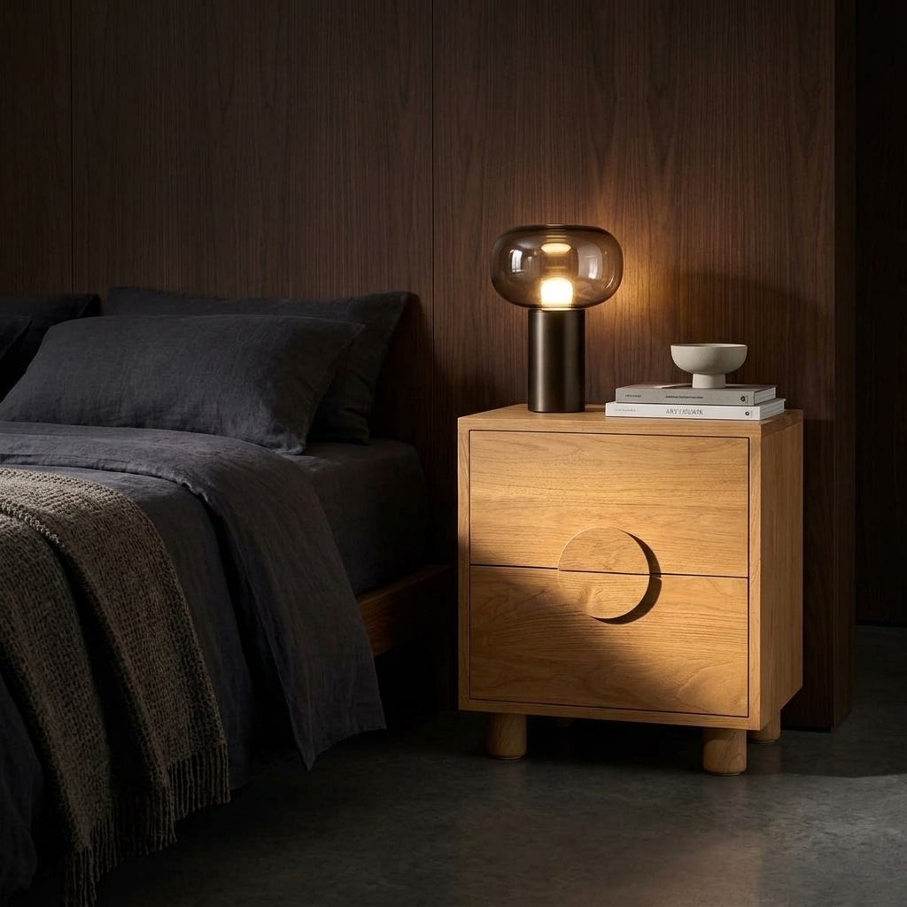 Table de nuit en teck miel doré à deux tiroirs et poignée disque demi-lune sculptée, chambre aux lambris bois sombre, lit habillé de lin gris anthracite et lampe à diffuseur verre fumé