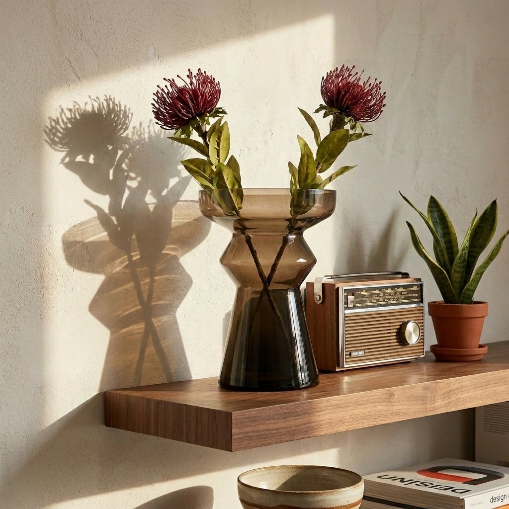 Vase en verre brun chocolat à silhouette étagée sur une étagère en noyer, fleurs rouges, radio vintage et plante en pot