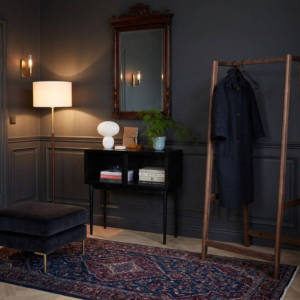 Vitrine basse noire dans un intérieur sombre aux moulures classiques, miroir ancien et tapis persan en arrière-plan.