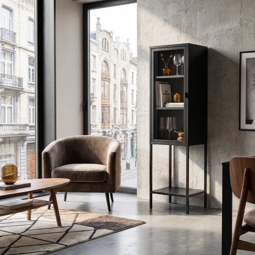 Vitrine colonne noire en acier thermolaqué et verre clair, posée près d'une grande baie vitrée dans un salon contemporain.