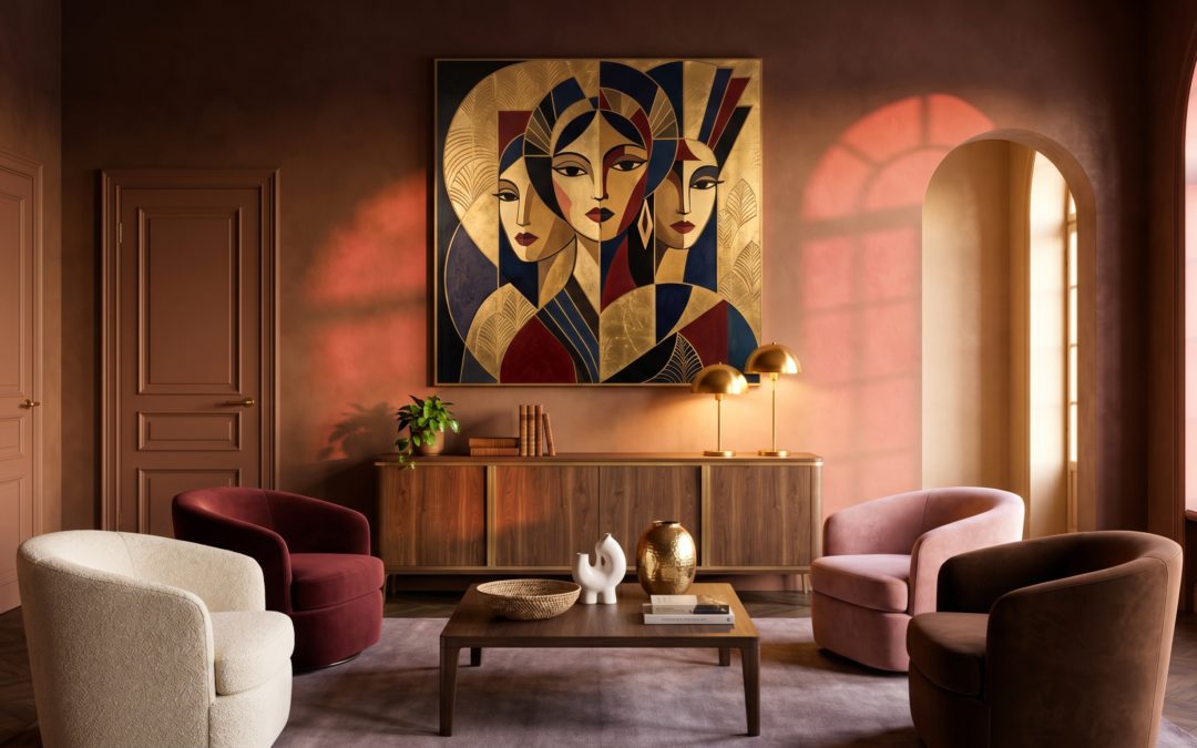 Salon Neo Deco bold en mur terracotta-bordeaux, tableau Art Deco aux figures féminines stylisées, quatre fauteuils mix bouclé crème, velours bordeaux et chocolat, buffet noyer aux lampes laiton symétriques sous arche Haussmannienne