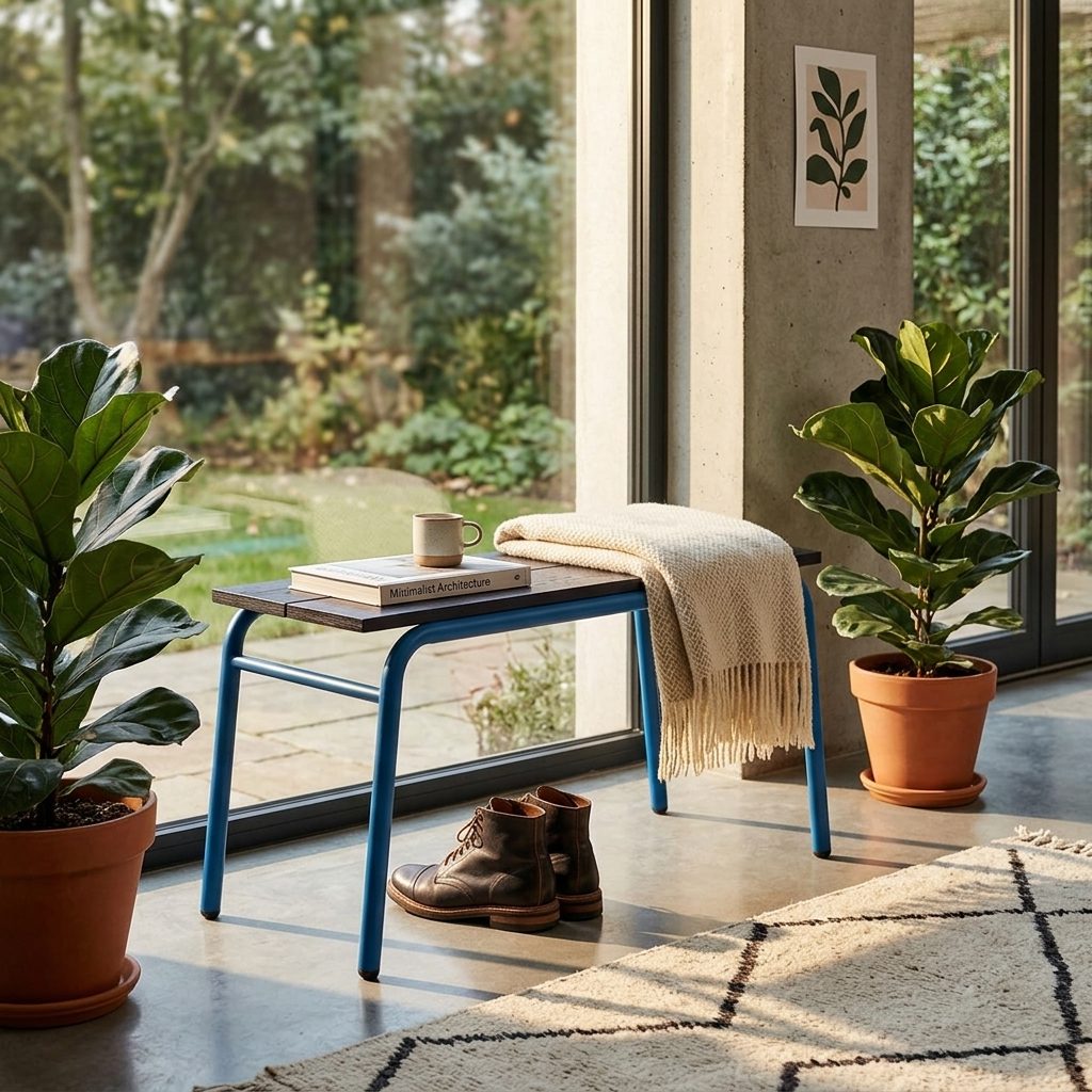 Banc bleu tubulaire à plateau bois sombre dans un sas vitré, tapis écru, plaid crème et grandes plantes en pots terracotta
