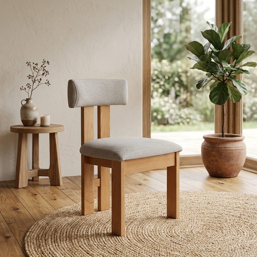 Chaise en orme massif à dossier bolster horizontal tapissé de tissu chiné gris et assise coussinée, coin lumineux aux murs enduit clair et parquet chêne, tapis rond en jonc tressé, figuier en pot terre cuite et baie vitrée sur jardin