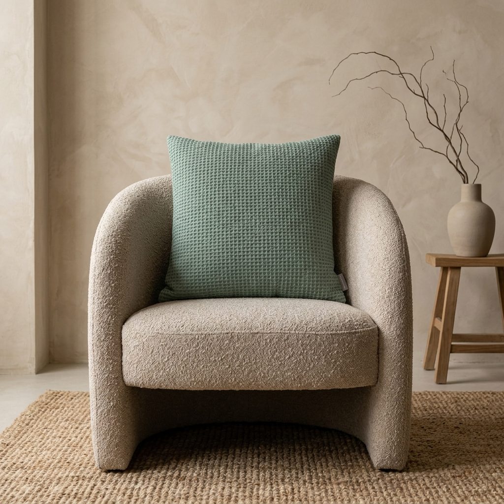 Coussin coton recyclé vert de gris sur fauteuil bouclé écru aux formes arrondies, mur enduit clair et tapis jute tressé.