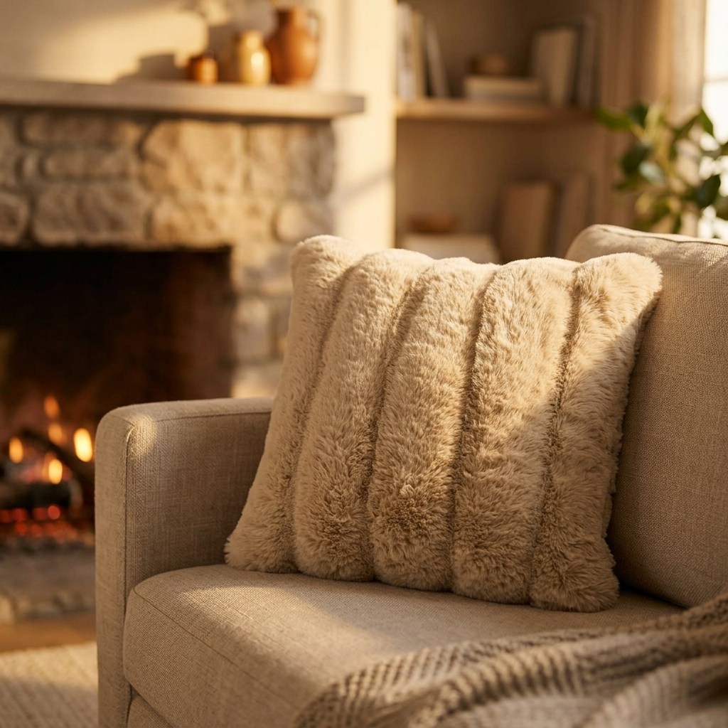 Coussin en fausse fourrure côtelée beige sur un fauteuil sable, salon chaleureux devant une cheminée en pierre allumée