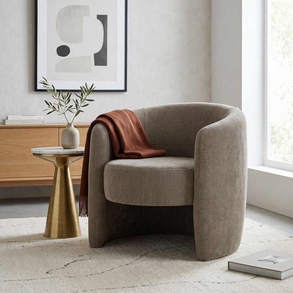 Fauteuil tub en chenille greige-kaki, plaid terracotta drapé, table dorée conique, salon clair à l'affiche abstraite