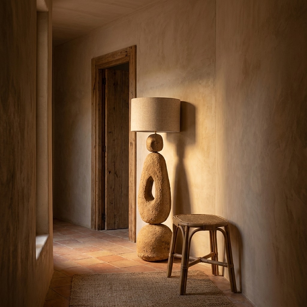 Lampadaire papier mâché terre cuite dans un couloir aux murs en chaux sable, sol terre cuite et tabouret en rotin.